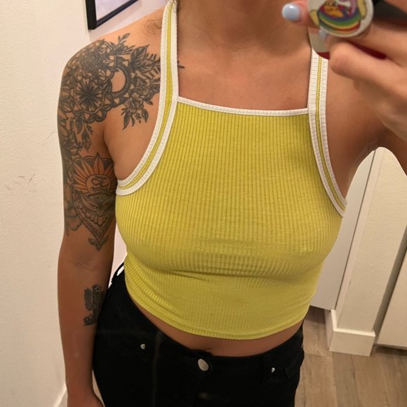 Retro 80s Style Racerback Yellow Crop Top - Picture 1 of 4
